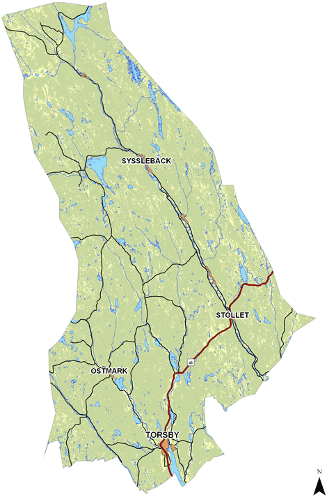 Karta över Torsby kommun indelat i fyra områden för tillgängligheten inom dessa områden.