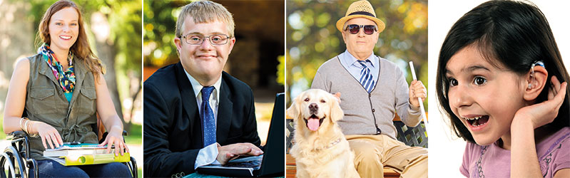 Vi ser fyra olika foton i ett collage om olika funktionshinder. Foto